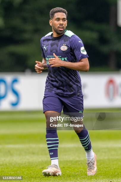 Phillipp Mwene of PSV Eindhoven looks on during the Pre-Seasom Friendly match between PSV Eindhoven v RWDM Brussels FC at De Herdgang on July 03,...