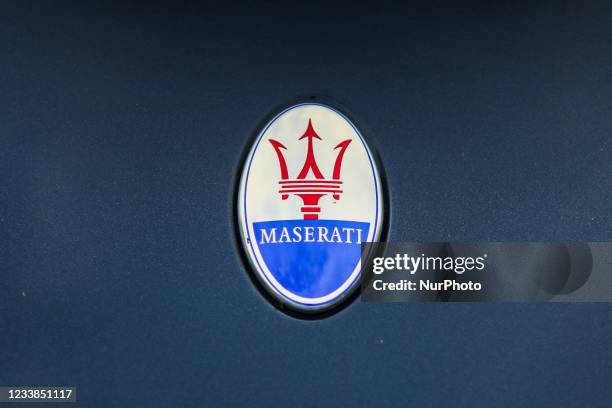Maserati logo is seen on the car during Gran Turismo Polonia in Krakow, Poland on July 2, 2021.