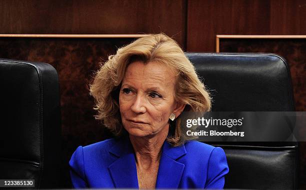 Elena Salgado, Spain's finance minister, listens during a debate on constitutional rule changes inside the Spanish parliament in Madrid, Spain, on...