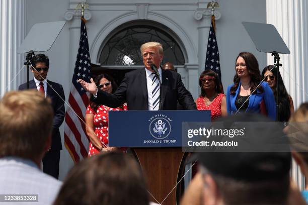 45th President of the United States, Donald J. Trump holds a press conference at the Trump National Golf Club in Bedminster of New Jersey, United...