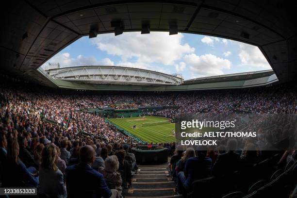 General view over Centre Court as Switzerland's Roger Federer plays against Poland's Hubert Hurkacz during their men's quarter-finals match on the...