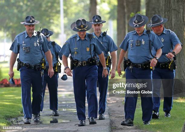 State Police leaving outside at Malden District Court in Medford, MA on July 6, 2021. A cadre of armed men from a militia group called the Rise of...