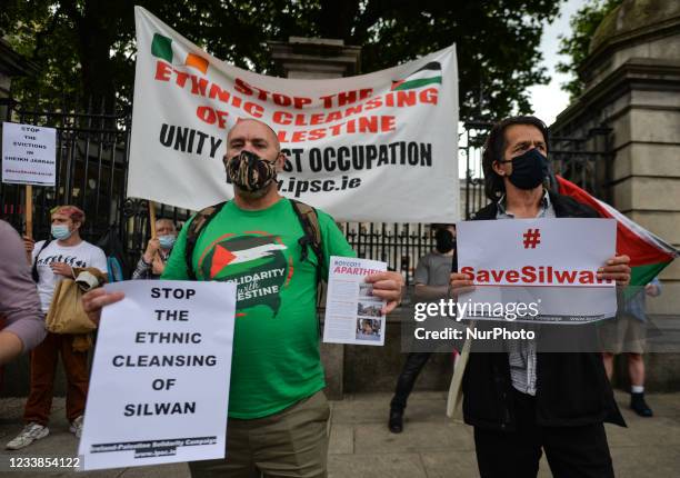 Pro-Palestinian protesters seen outside Leinster House in Dublin, during the Irish-Palestinian Solidarity Campaign 'Stop The Ethnic Cleansing Of...