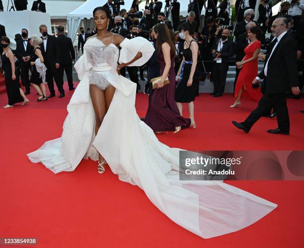 Indian model Nidhi Sunil arrives for the screening of the film Tout s'est bien passe' in competition at the 74th annual Cannes Film Festival in...
