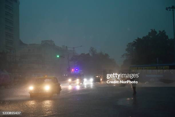 An ICU ambulance can be seen during a heavy rainfall in Kolkata, India, 07 July, 2021.