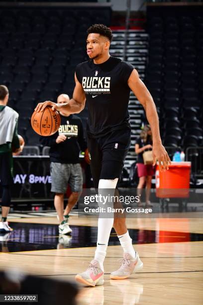 Giannis Antetokounmpo of the Milwaukee Bucks dribbles during practice and media availability as part of the 2021 NBA Finals on July 7, 2021 at...