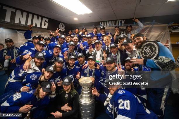 The Tampa Bay Lightning celebrates in the locker room with the Stanley Cup after the Tampa Bay Lightning defeated the Montreal Canadiens in Game Five...