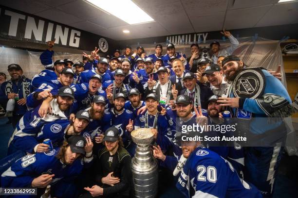 The Tampa Bay Lightning celebrates in the locker room with the Stanley Cup after the Tampa Bay Lightning defeated the Montreal Canadiens in Game Five...