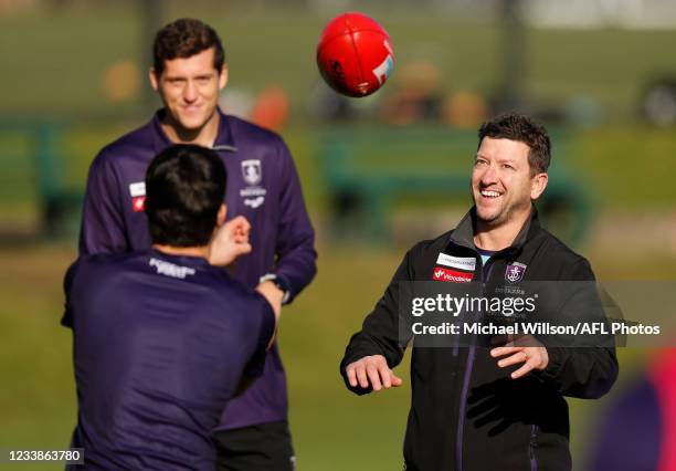 Midfield coach Josh Carr of the Dockers in action during the Fremantle Dockers training session at Brighton Grammar on July 08, 2021 in Melbourne,...