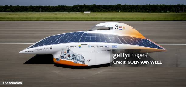 Nuna11 solar car takes part in a RDW test track - an independent test laboratory for vehicle technology - in Lelystad, on July 3, 2021. - -...