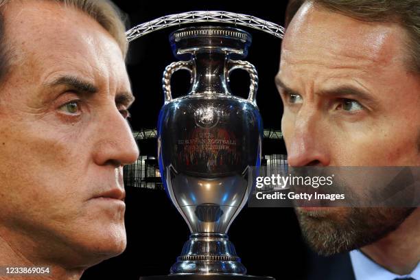 In this composite image a comparison has been made between Head coach Italy Roberto Mancini and Gareth Southgate, manager of England. Italy and...