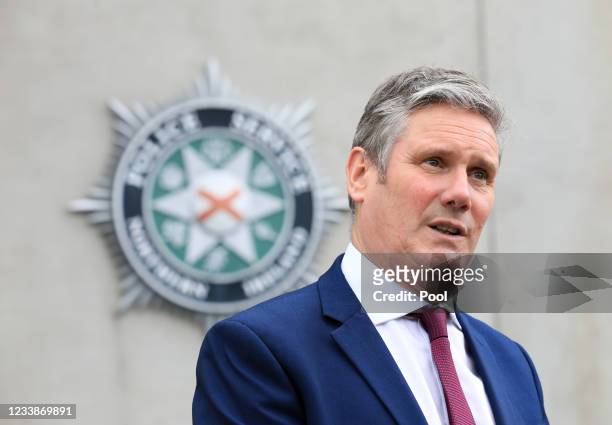 Labour Party leader Sir Keir Starmer speaks to the media during a visit to the PSNI headquarters on July 8th, 2021 in Belfast, Northern Ireland.