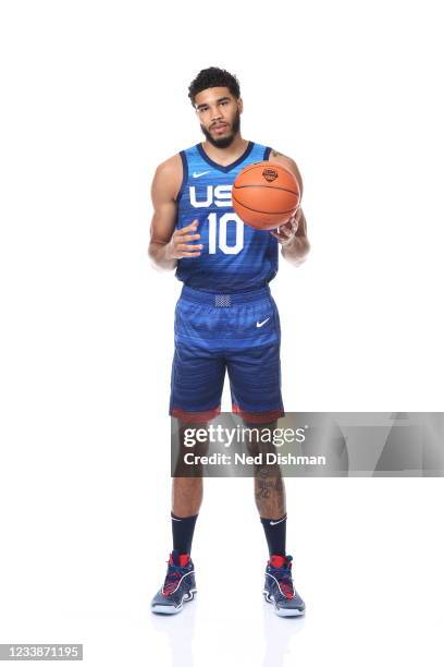 Jayson Tatum of the USA Men's National Team poses for a portrait at the ARIA Resort & Casino on July 7, 2021 in Las Vegas, Nevada. NOTE TO USER: User...