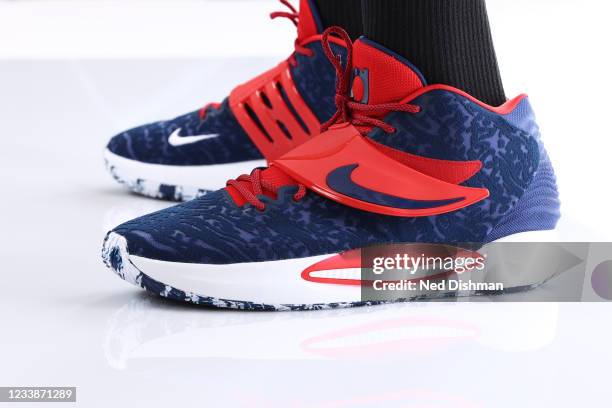 The sneakers worn by Kevin Durant of the USA Men's National Team during a portrait session at the ARIA Resort & Casino on July 7, 2021 in Las Vegas,...