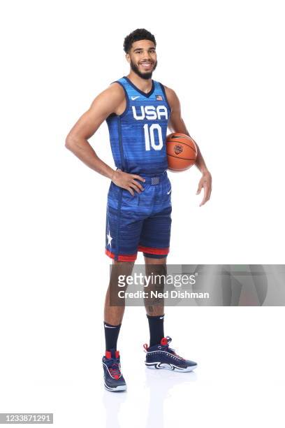 Jayson Tatum of the USA Men's National Team poses for a portrait at the ARIA Resort & Casino on July 7, 2021 in Las Vegas, Nevada. NOTE TO USER: User...