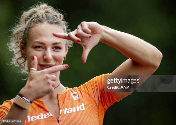 Lieke Klaver supposedly takes a photo of the photographers present during a training session of the Olympic athletics team at Sports Center Papendal....