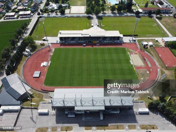 The Aerial view of Lavanttal Arena during RZ Pellets WAC - Teamphoto at Lavanttal-Arena on July 8, 2021 in Wolfsberg, Austria.