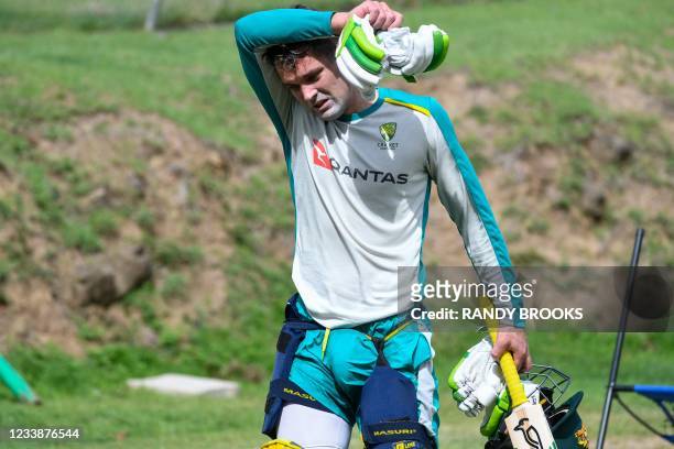 Alex Carey of Australia takes part in a training session one day ahead of the 1st T20 between Australia and West Indies at Darren Sammy Cricket...