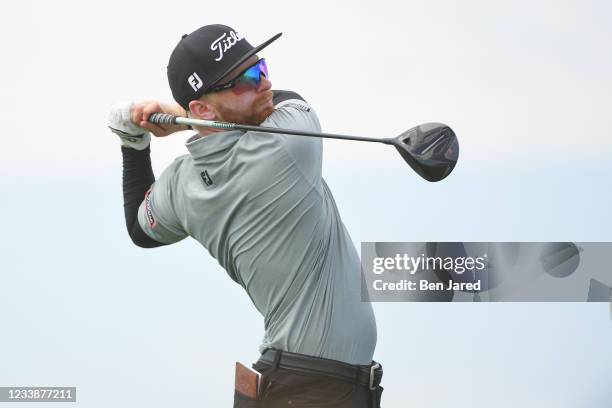 Anders Albertson tees off on the fourth tee box during the first round of the Korn Ferry Tours TPC Colorado Championship at Heron Lakes on July 8,...