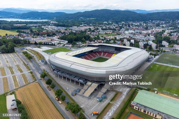 The Woerthersee Stadion from the Air during RZ Pellets WAC - Teamphoto at Woerthersee Stadion on July 8, 2021 in Klagenfurt, Austria.