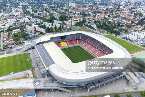 The Woerthersee Stadion from the Air during RZ Pellets WAC - Teamphoto at Woerthersee Stadion on July 8, 2021 in Klagenfurt, Austria.