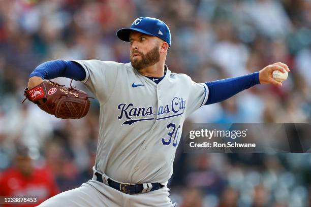 Starter Danny Duffy of the Kansas City Royals pitches in the first inning against the Cleveland Indians at Progressive Field on July 08, 2021 in...