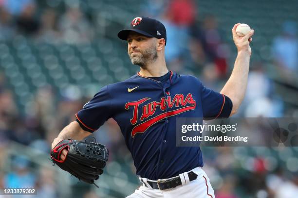 Happ of the Minnesota Twins delivers a pitch against the Detroit Tigers in the first inning of the game at Target Field on July 8, 2021 in...