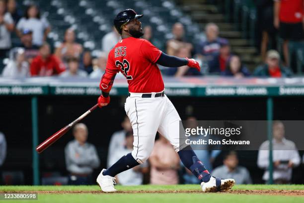 Franmil Reyes of the Cleveland Indians hits a game-winning, three-run home run off Greg Holland of the Kansas City Royals in the ninth inning at...