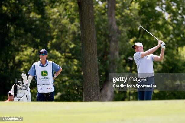 Golfer Daniel Berger hits his second shot on the 9th hole during the John Deere Classic on July 8, 2021 at TPC Deere Run in Silvis, Illinois.