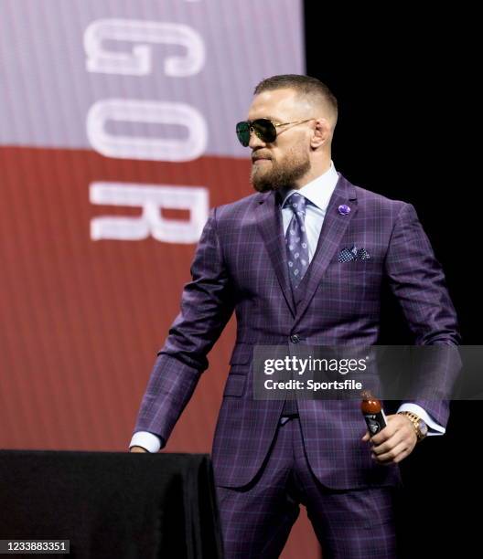 Nevada , United States - 8 July 2021; Conor McGregor, holding a bottle of Dustin Poirier's hot sauce, during a press conference ahead of UFC 264 at...