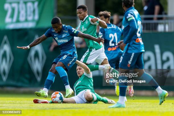 Malcom of Zenit St. Petersburg, Maximilian Eggestein of SV Werder Bremen and Felix Agu of SV Werder Bremen battle for the ball during the Pre-Season...