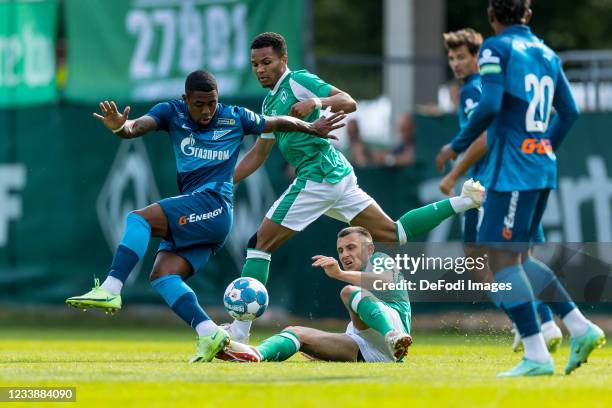 Malcom of Zenit St. Petersburg, Maximilian Eggestein of SV Werder Bremen and Felix Agu of SV Werder Bremen battle for the ball during the Pre-Season...