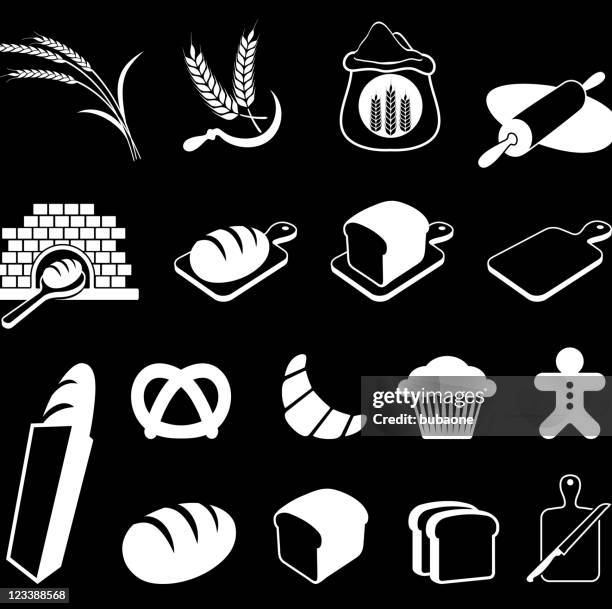 ilustrações, clipart, desenhos animados e ícones de padaria royalty free ícone de vetor definido em fundo preto - bag flour icon
