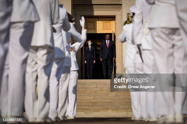Military band plays as U.S. Secretary of Defense Lloyd Austin welcomes French Minister of the Armed Forced Florence Parly to the Pentagon during an...
