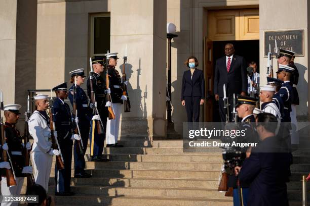 Secretary of Defense Lloyd Austin welcomes French Minister of the Armed Forced Florence Parly to the Pentagon during an honor cordon ceremony on July...