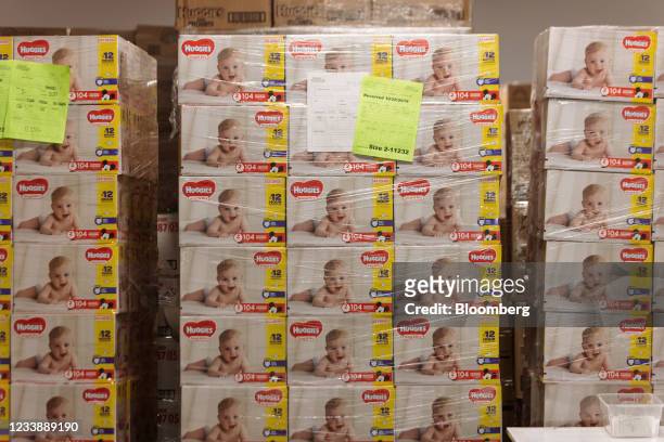 Boxes of Huggies brand diapers for low income families to help alleviate diaper need at a HappyBottoms warehouse in Kansas City, Missouri, U.S., on...