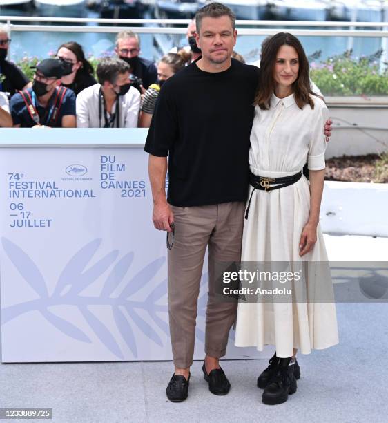 Actor Matt Damon and French actress Camille Cottin pose during the photocall for the film 'Stillwater' at the 74th annual Cannes Film Festival in...