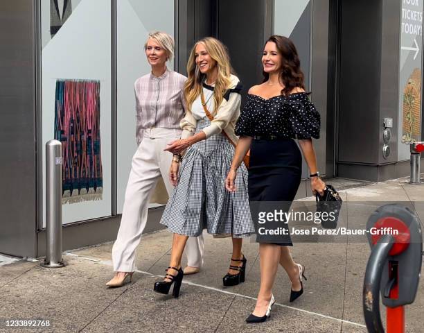 Cynthia Nixon, Sarah Jessica Parker and Kristin Davis are seen on the set of "And Just Like that" on July 09, 2021 in New York City.