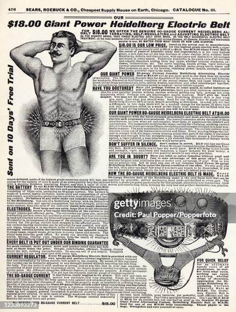 Vintage advertising for the Giant Power Heidelberg Electric Belt, a treatment for impotence or erectile dysfunction, as featured in a Sears, Roebuck...