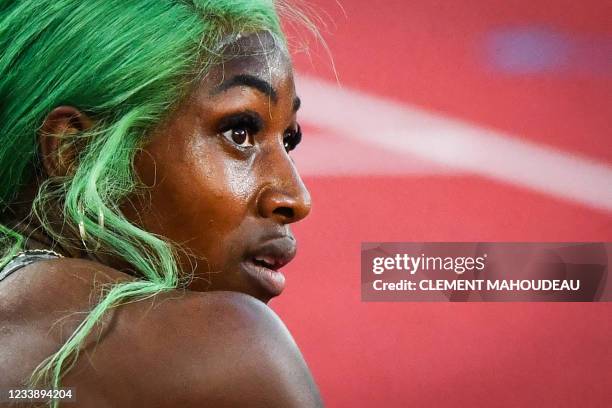 First-placed competes Bahamas' Shaunae Miller-Uibo reacts after winning in the Women's 200m during the IAAF Diamond League competition on July 9,...