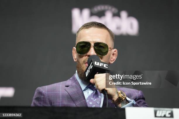 Dana White introduces Dustin Poirier and Conor McGregor to the press and the public for the first time back with fans in attendance at the UFC 264 -...