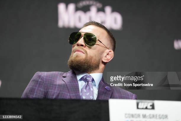 Dana White introduces Dustin Poirier and Conor McGregor to the press and the public for the first time back with fans in attendance at the UFC 264 -...