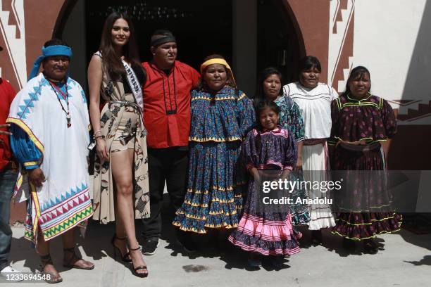 Miss Universe Andrea Meza arrives to visit the Tarahumara community in Ciudad Juarez, Mexico on July 9, 2021. Miss Universe gave a tour of the...