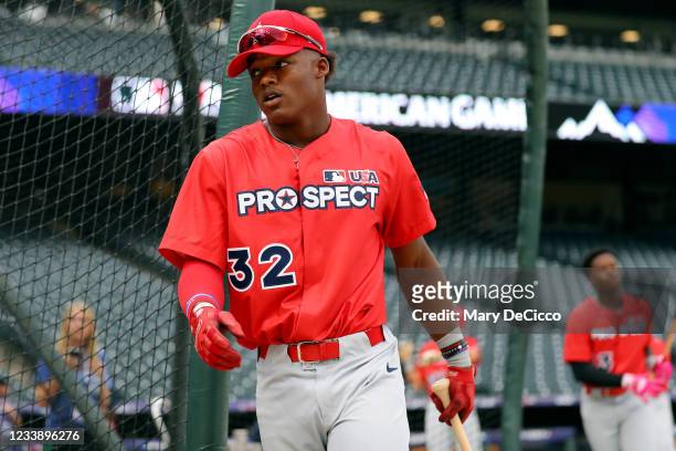 Elijah Green of the Ameican League Team takes batting practice prior to the MLB USA Baseball All-American Game at Coors Field on Friday, July 9, 2021...