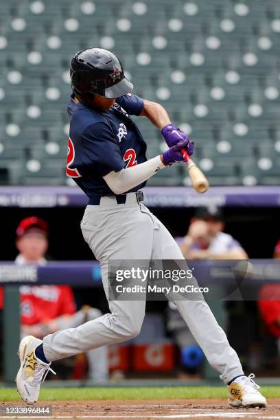 Andruw Jones of the National League Team bats during the MLB USA Baseball All-American Game at Coors Field on Friday, July 9, 2021 in Denver,...