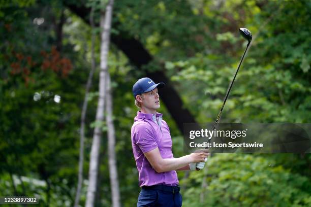 Golfer Cam Davis hits his tee shot on the 17th hole during the John Deere Classic on July 9, 2021 at TPC Deere Run in Silvis, Illinois.