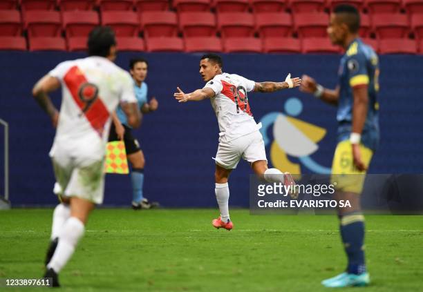 Peru's Yoshimar Yotun celebrates after scoring against Colombia during their Conmebol 2021 Copa America football tournament third-place match at the...