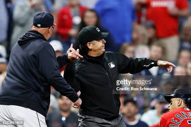 Umpire James Hoye ejects manager Terry Francona of the Cleveland Indians while arguing a call against the Kansas City Royals during the eighth inning...