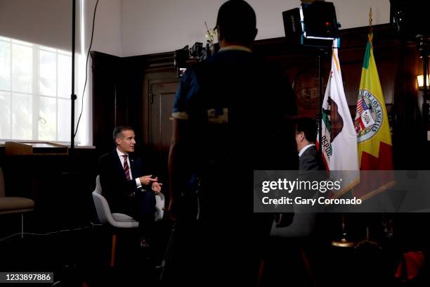 Los Angeles Mayor Eric Garcetti holds interviews with the media after President Joe Biden selected him as his nomination for U.S. Ambassador to...