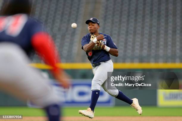 Termarr Johnson of the National League Team throws to first base for the out during the MLB USA Baseball All-American Game at Coors Field on Friday,...